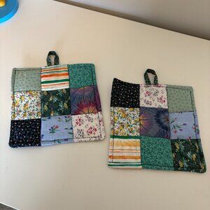 Quilted Pot Holders Handmade Matching x2 Colourful